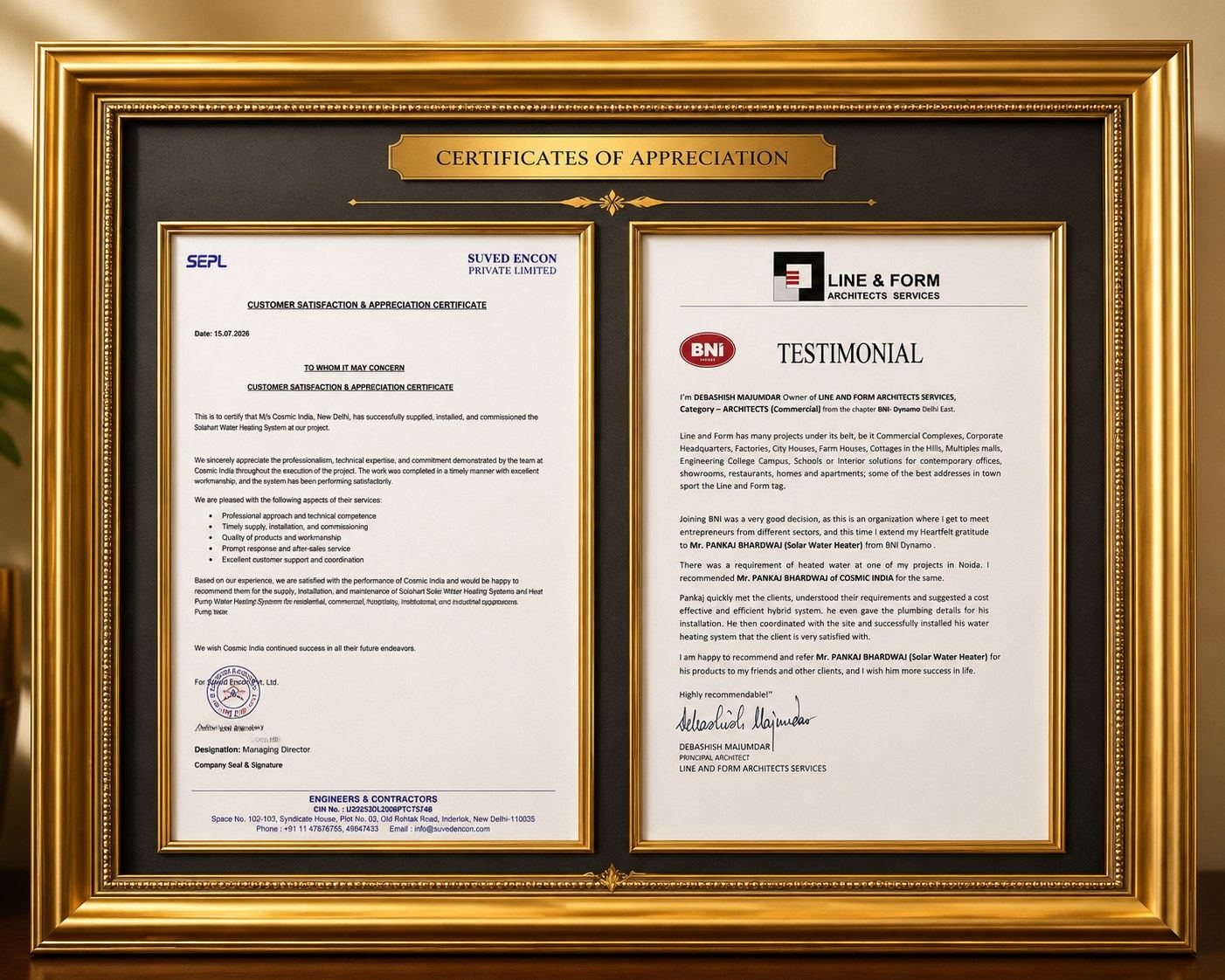 Certificates of Appreciation — Suved Encon Pvt. Ltd. and Line & Form Architects Services testimonials for Cosmic India