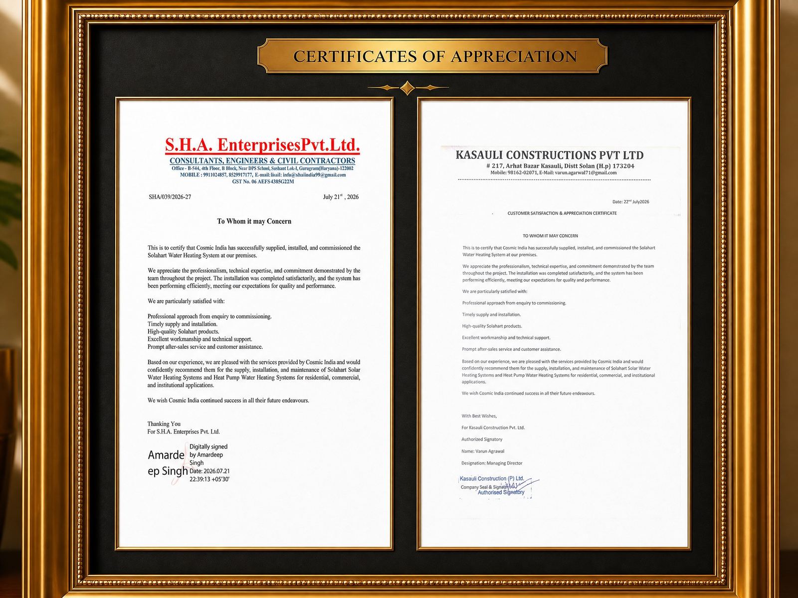 Certificates of Appreciation — S.H.A. Enterprises Pvt. Ltd. and Kasauli Constructions Pvt. Ltd. testimonials for Cosmic India